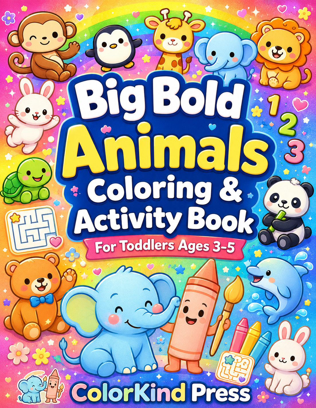 Big Bold Animals Coloring & Activity Book cover, with colorful animal friends under a rainbow.