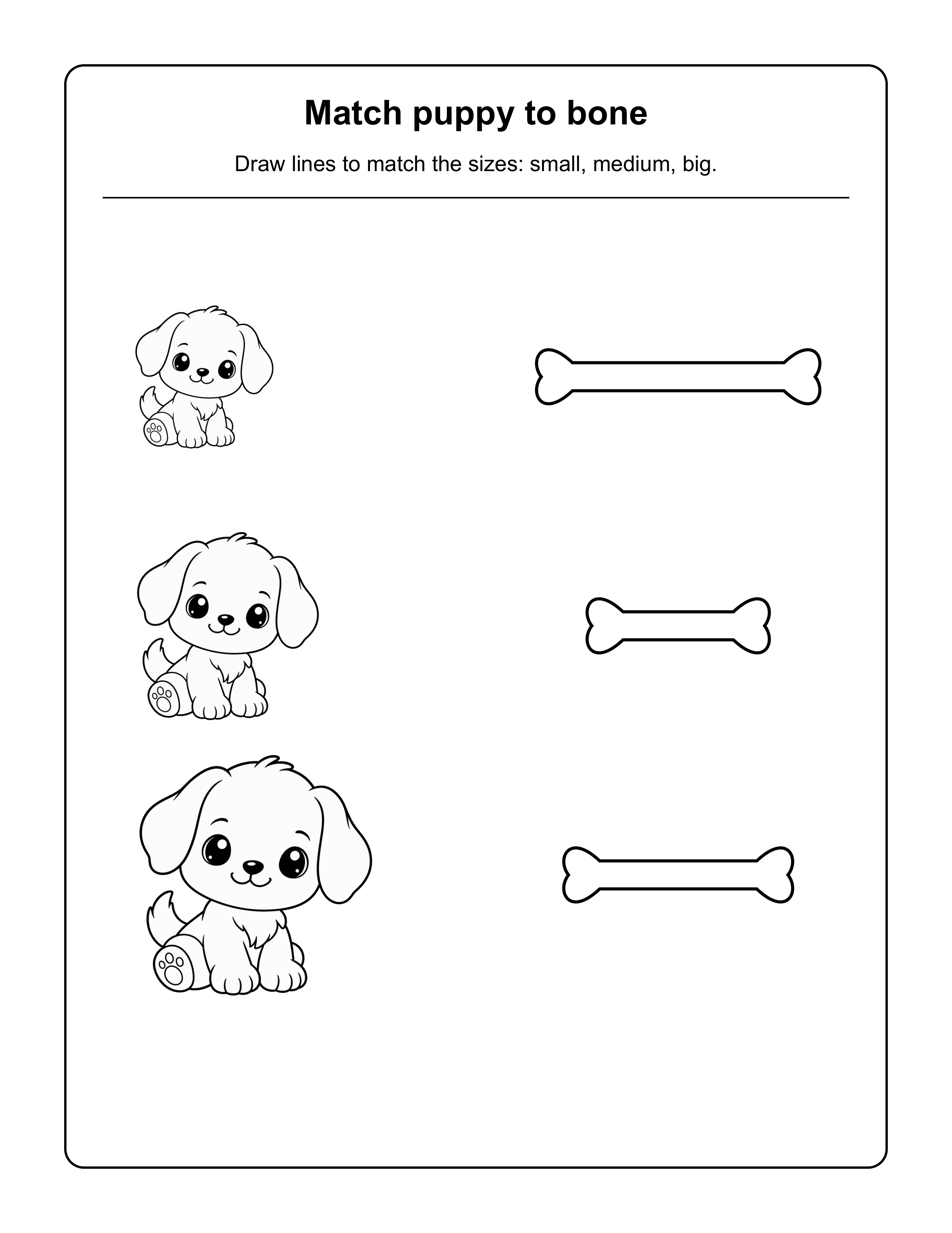 Three puppies and three bones in different sizes. Draw lines to match small, medium and big.