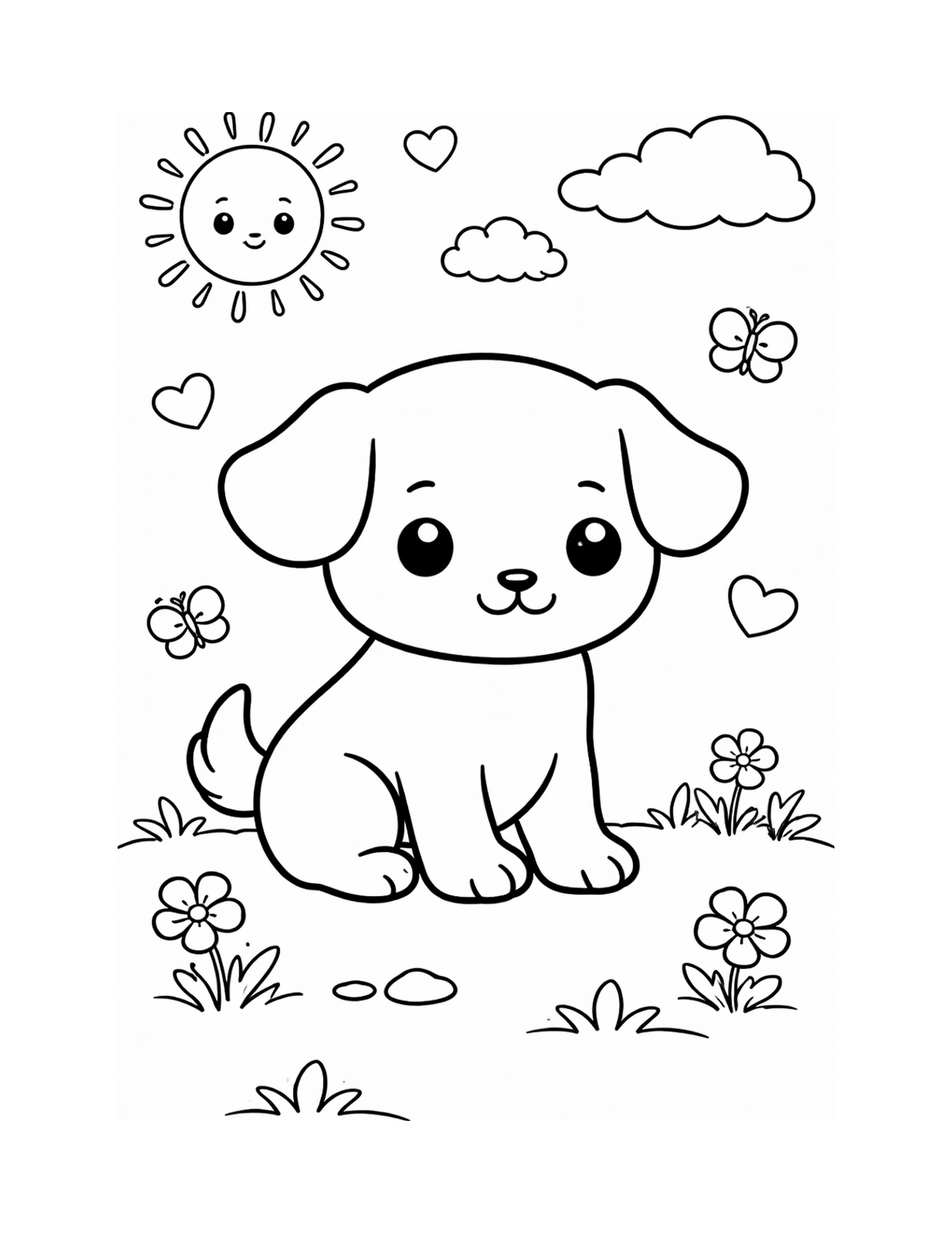 A happy puppy with soft ears and a wagging tail, ready to color.