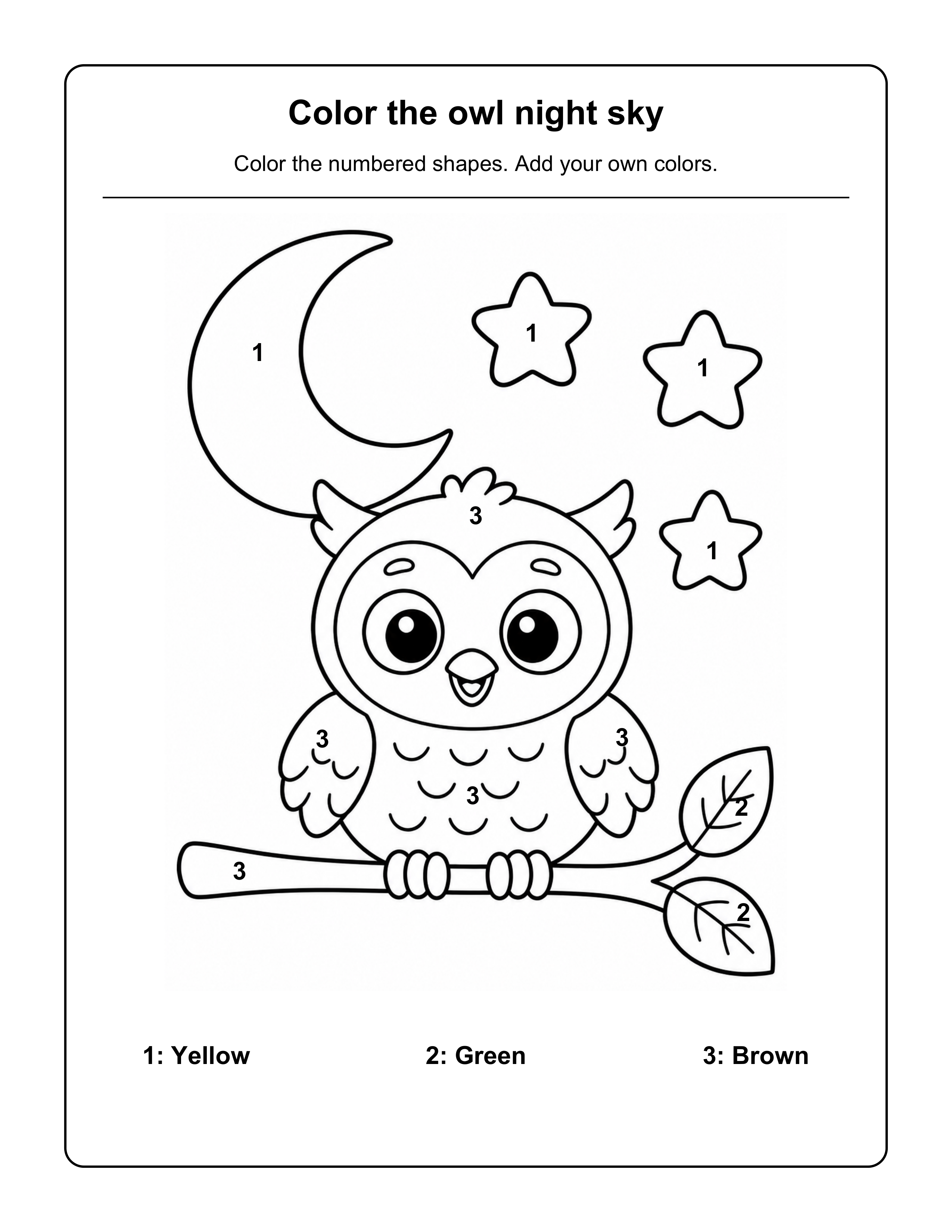 An owl on a branch under a moon and stars. Color numbered shapes: 1 yellow, 2 green, 3 brown, and add your own colors.