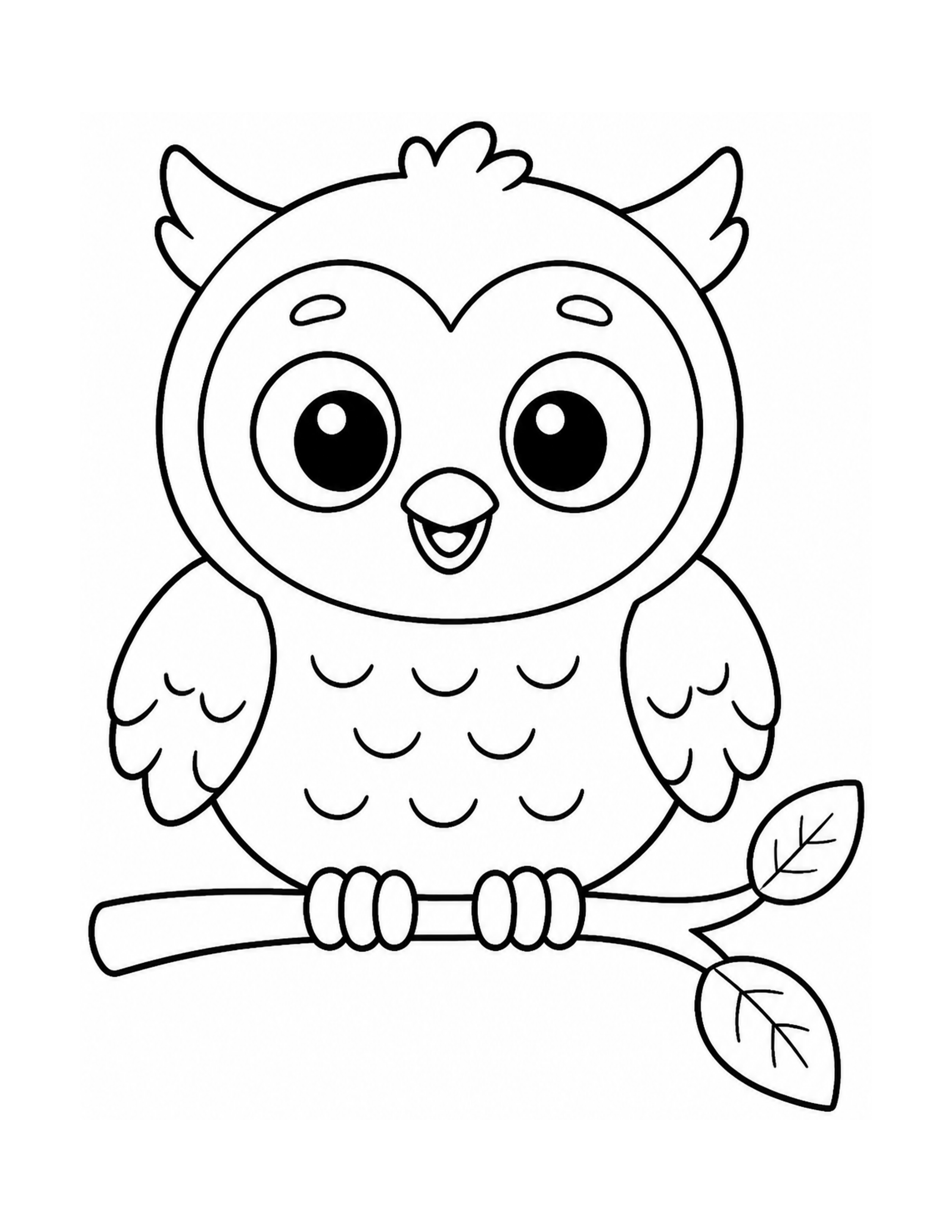 A wide-eyed owl perched on a leafy branch, ready to color.