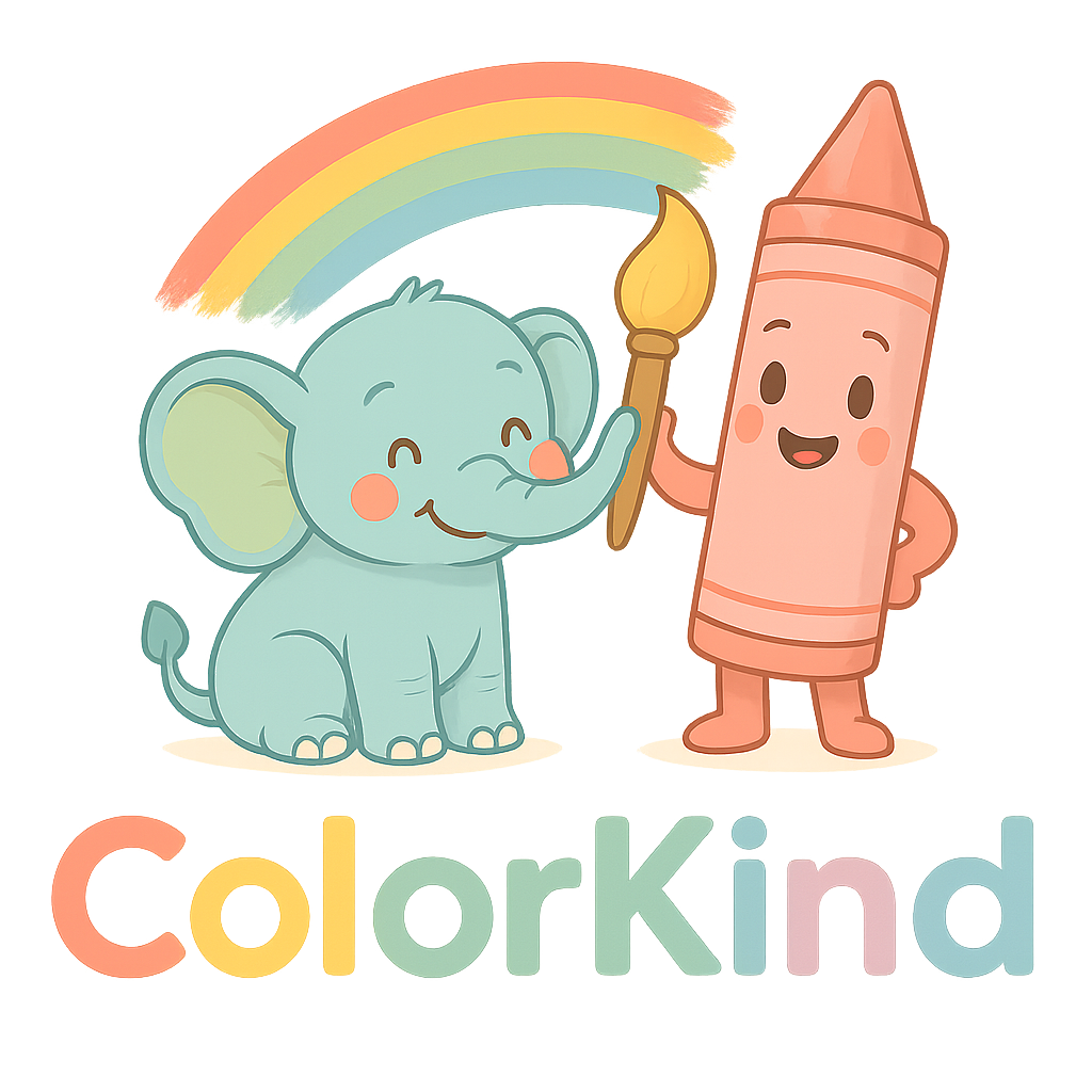 ColorKind: a friendly crayon and baby elephant holding a paintbrush beneath a soft rainbow.
